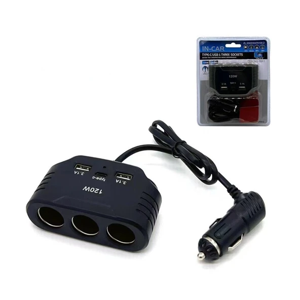 3'lü çakmak soketi 120w 12v  3.1A usb type-c  / ICCA109 ürün görseli 1
