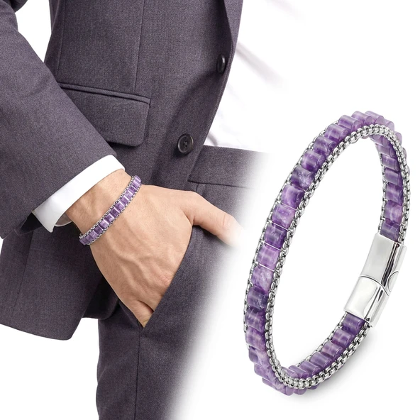 ? Premium Ametist Doğal Taşlı Hasır Örgü Zincirli Erkek Çelik Bileklik 31832B28D16 - 20 cm ürün görseli 1