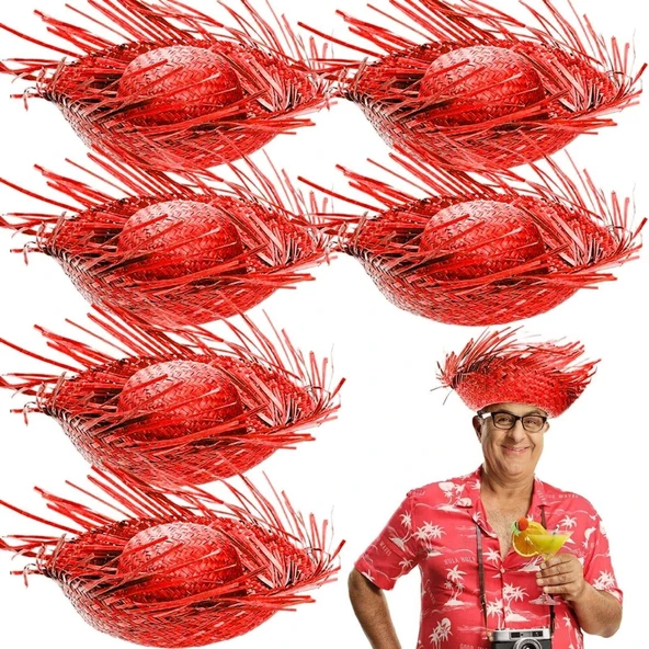 Tropikal Parti Kırmızı Hasır Hawaii Şapkası 13x36 cm P149388S7418 ürün görseli 1