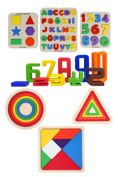 7 Parça Dev Eğitici Set - Ahşap Tabanlı ve PLA Renkli Parçalar Harf Sayı - Tangram - Puzzle ürün görseli 1