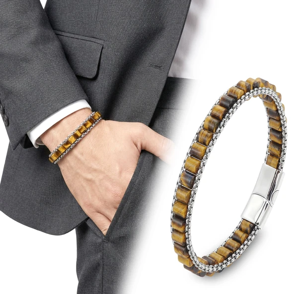 ? Premium Kaplan Gözü Doğal Taşlı Hasır Örgü Zincirli Erkek Çelik Bileklik 31832B28D15 - 20 cm ürün görseli 1