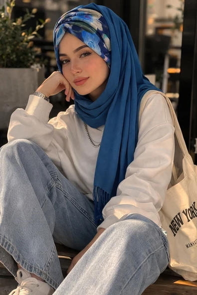 İndigo Çiçek Desen Büzgülü Hazır Şal ürün görseli 1