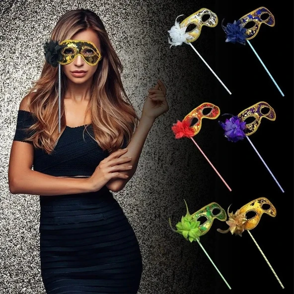 NessiWorld Lüks Taşlı Saplı Maskeli Balo Maskesi Altın Renk 35 cm ürün görseli 1