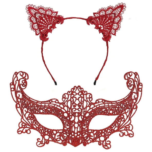 Romantik Kırmızı Dantel Maske Seti – Kedi Kulaklı Taç ve Maske 3 No P151056S478 ürün görseli 1