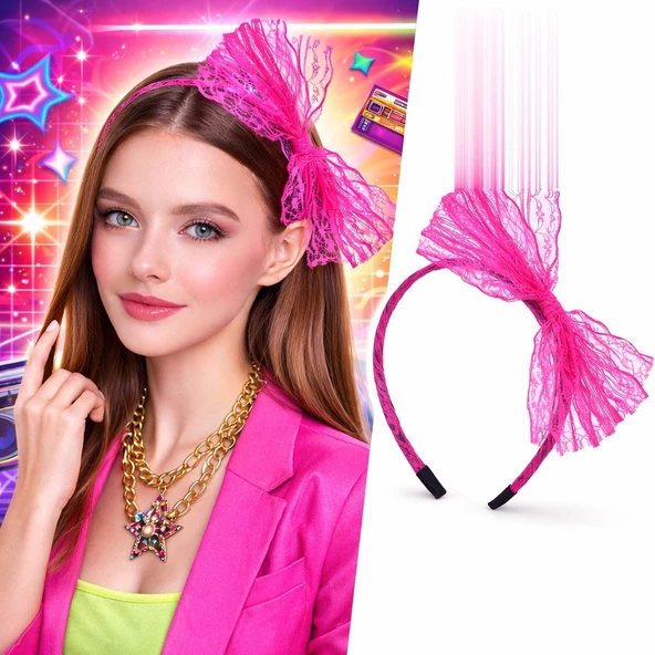 80’ler 90’lar Neon Pembe Dantel Taç Fiyonklu ürün görseli 1