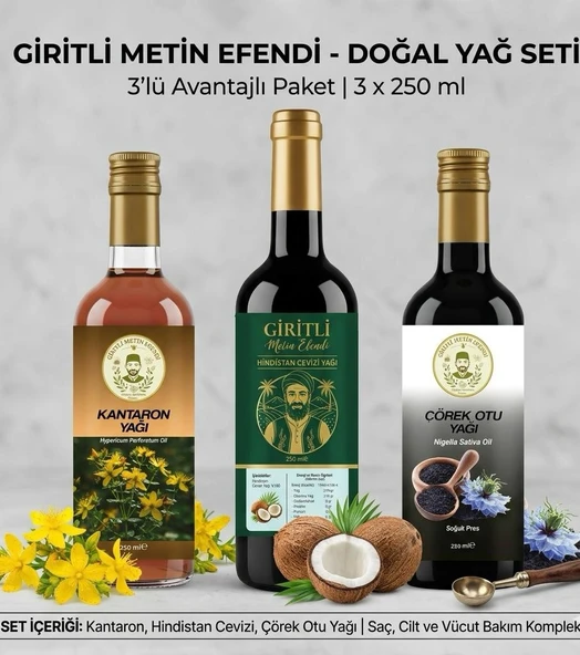 Giritli Metin Efendi Doğal Yağ Seti 3 x 250 ml - Kantaron Yağı, Hindistan Cevizi Yağı, Çörek Otu Yağı ürün görseli 1