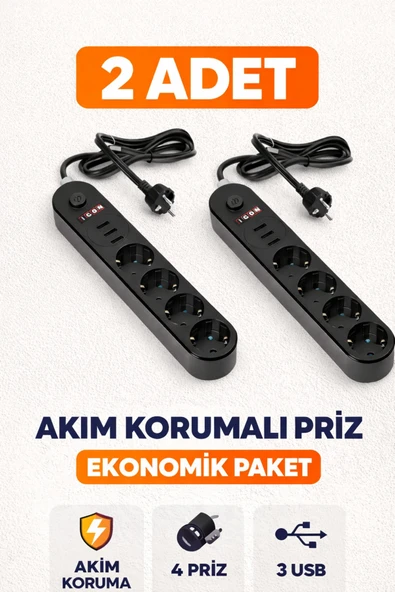 ULTRATEKNO 2 ADET Akım Korumalı 4'lü Priz 3 USB Girişli 2 Metre Kablolu Çoklu Priz Uzatma Prizi ürün görseli 1