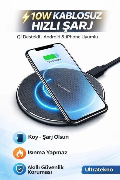 ULTRATEKNO 10W Kablosuz Hızlı Şarj Cihazı – Qi Destekli Wireless Charger – iPhone ve Android Uyumlu ürün görseli 1