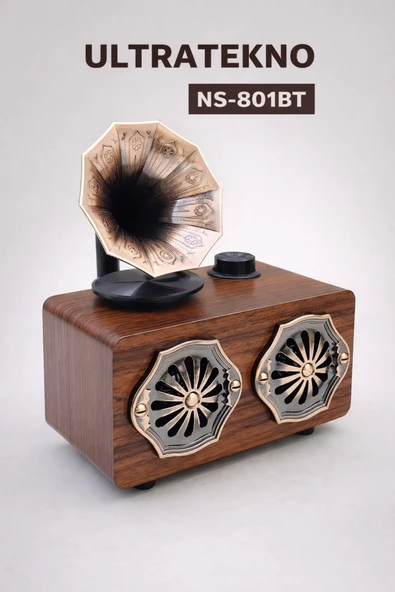 ULTRATEKNO NS-801BT Gerçek Ahşap Gramofon Görünümlü Bluetooth Hoparlör & Nostaljik Radyo ürün görseli 1