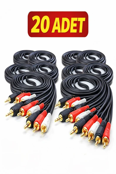 ULTRATEKNO 3.5mm AUX to 2 RCA Ses Kablosu 1.5m | 20’li Paket | Standart Ses Kablosu ürün görseli 1