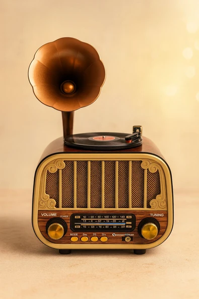 ULTRATEKNO MD-1318BT Gramofon Görünümlü Bluetooth Hoparlör | 3 Bant Nostaljik Radyo | USB TF AUX | Type-C Şarj ürün görseli 1