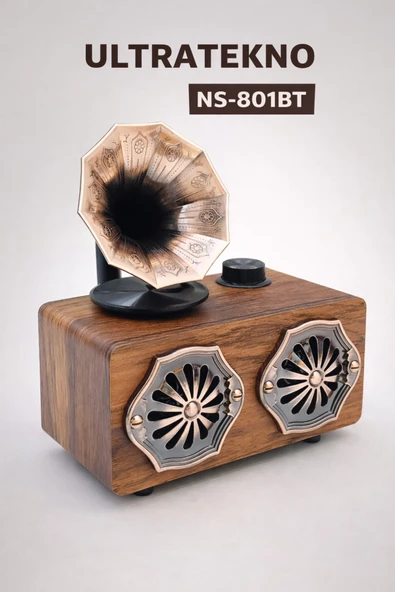 ULTRATEKNO NS-801BT Gerçek Ahşap Gramofon Görünümlü Bluetooth Hoparlör & Nostaljik Radyo ürün görseli 1
