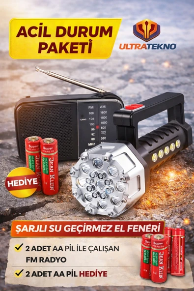 ULTRATEKNO Acil Durum Deprem Paketi Şarjlı Güçlü LED El Feneri + FM Radyo + 2 Adet AA Pil Deprem Çantası Seti ürün görseli 1