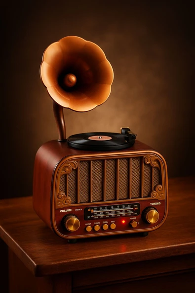 ULTRATEKNO MD-1318BT Gramofon Görünümlü Bluetooth Hoparlör | 3 Bant Nostaljik Radyo | USB TF AUX | Type-C Şarj ürün görseli 1
