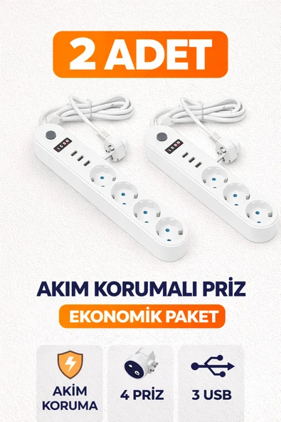 ULTRATEKNO 2 ADET Akım Korumalı 4'lü Priz 3 USB Girişli 2 Metre Kablolu Çoklu Priz Uzatma Prizi ürün görseli 1