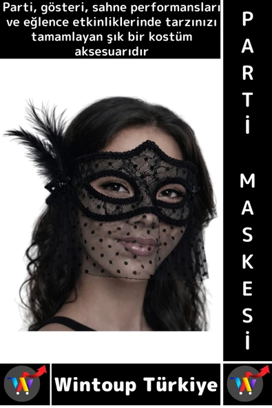 #PartiMaskesi Kostüm Davet Yılbaşı Cosplay Dantel Tüllü Peçeli Tüylü İnci Detaylı Şık Parti Maskesi ürün görseli 1