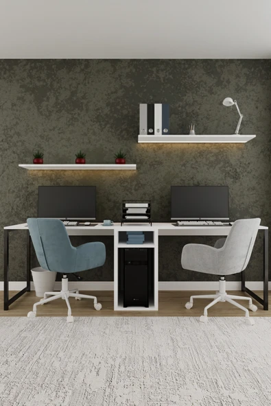 AYMOBSAN Twin 2 Kişilik Raflı Çalışma Masası Ofis Bilgisayar Masası - Beyaz ürün görseli 1