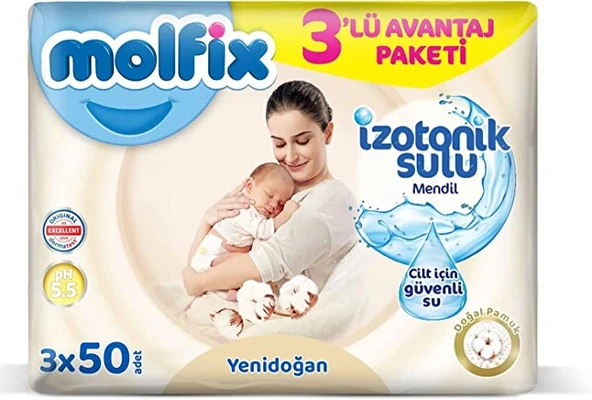 Yenidoğan İzotonik Sulu Doğal Pamuk Islak Havlu Mendil 3'Lü 150 Yaprak ürün görseli 1