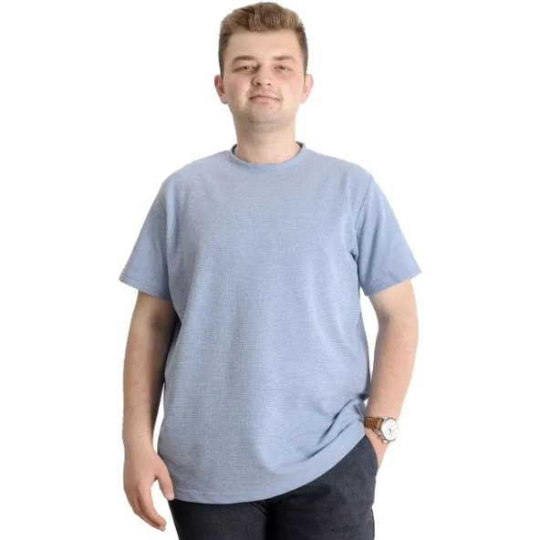 Büyük Beden Erkek T-shirt Bisiklet Yaka WAFFLE 20033 Mavi ürün görseli 1