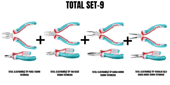 Total Set-9 (ELEKTRONİKÇİ TİP PENSE 115MM+ELEKTRONİKÇİ TİP YAN KESKİ 115MM+ELEKTRONİKÇİ TİP KARGA BURUN 115MM+ELEKTRONİKÇİ TİP YUVARLAK UÇLU KARGA BURUN 115MM) ürün görseli 1