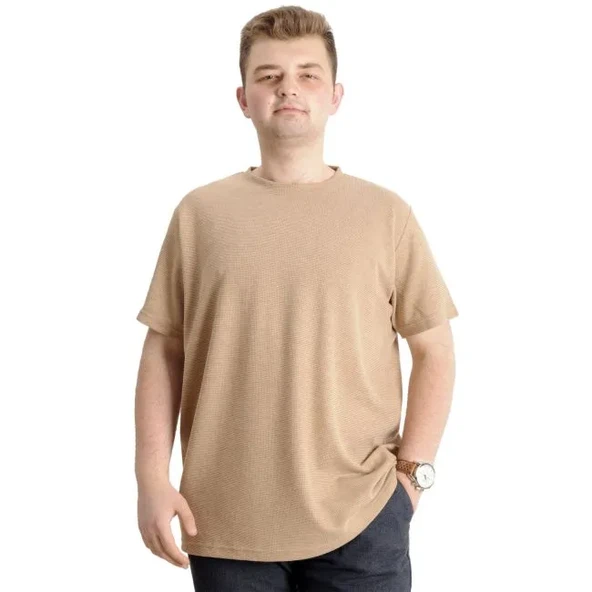 Büyük Beden Erkek T-shirt Bisiklet Yaka Waffle 20033 bej ürün görseli 1