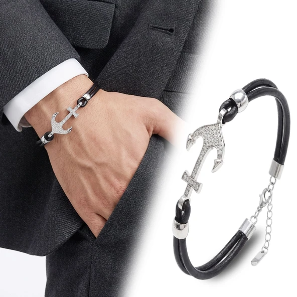 ? Premium Zirkon Taşlı Çelik Çapa Detaylı Ayarlanabilir Deri Erkek Bileklik 31834B27D1  -  23 cm ürün görseli 1