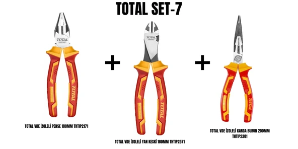 Total Set-7 (İZOLELİ PENSE 180MM+ İZOLELİ YAN KESKİ 180MM+İZOLELİ KARGA BURUN 200MM) ürün görseli 1