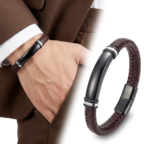 ? Premium İsim Yazılabilir Kahverengi Deri Ve Siyah Titanyum Kilit Bileklik 31833B15D11  - 20 cm ürün görseli 1