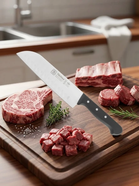 Sürmene Şef Aşçı Bıçağı Profesyonel Oluklu Santoku Bıçağı 31 cm Pimli Sap Sürbisa 61095 ürün görseli 1