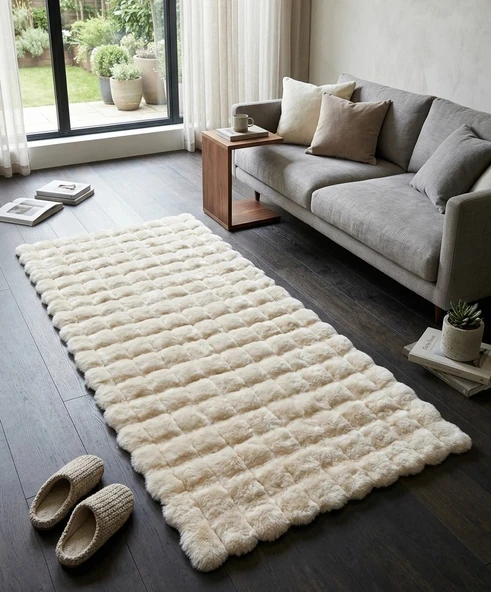 Carpet Dekor İthal Bubble Yumuşak Suni Tavşan Tüyü Halı Krem ürün görseli 1