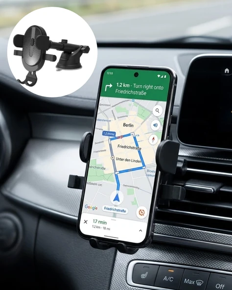 Araç Havalandırma Telefon Tutucu 360 Derece Döner Otomatik Kilitli Stand ürün görseli 1