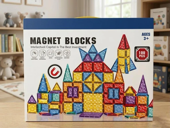 100 Parça Renkli Geometrik Şekilli Manyetik Yapı Blokları 3 Boyutlu Mıknatıslı Yapı Oyun Seti ürün görseli 1