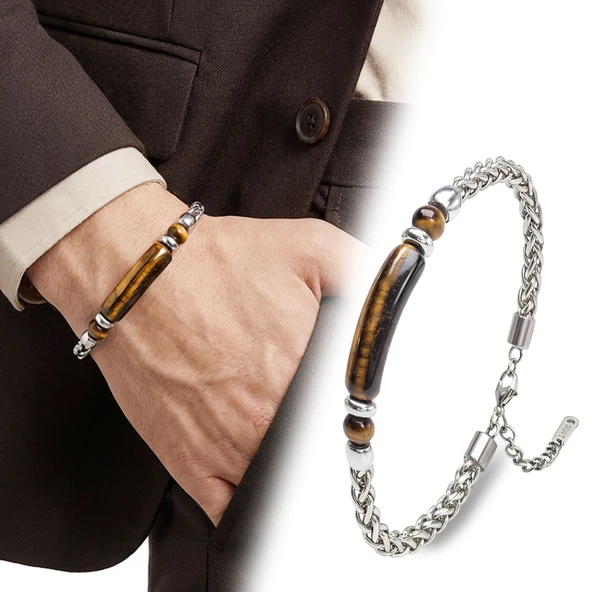 ? Premium Kalplan Gözü Doğal Taşlı Ayarlanabilir Çelik Zincir Bileklik 31832B15D11  -  23 cm ürün görseli 1