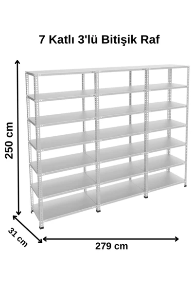 7 Katlı 3'lü Bitişik Galvaniz Çelik Raf - Depo, Arşiv, Kiler, Dosya, Market Rafı 31x93x250 cm ürün görseli 1