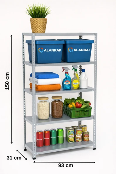 5 Katlı Galvaniz Çelik Raf - Depo, Arşiv, Kiler, Dosya, Market Rafı 31x93x150 Cm ürün görseli 1
