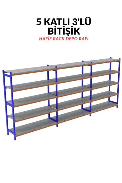 5 Katlı 3'lü Depo Rafı - 300-350 Kg Taşıma Kapasiteli Hafif Rack Raf 50x120x250 Cm ürün görseli 1