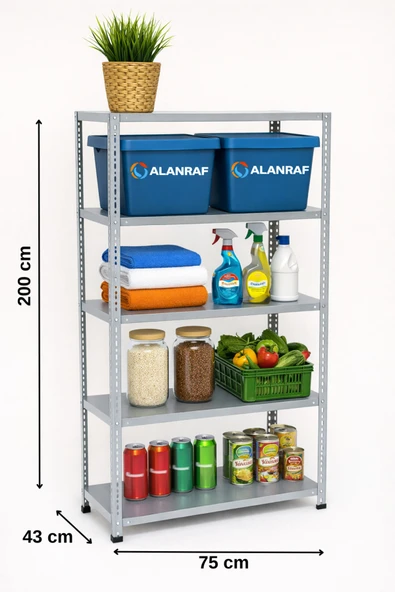 5 Katlı Galvaniz Çelik Raf - Depo, Arşiv, Kiler, Dosya, Market Rafı 43x75x200 Cm ürün görseli 1