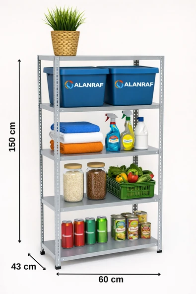 5 Katlı Galvaniz Çelik Raf - Depo, Arşiv, Kiler, Dosya, Market Rafı 43x60x150 Cm ürün görseli 1