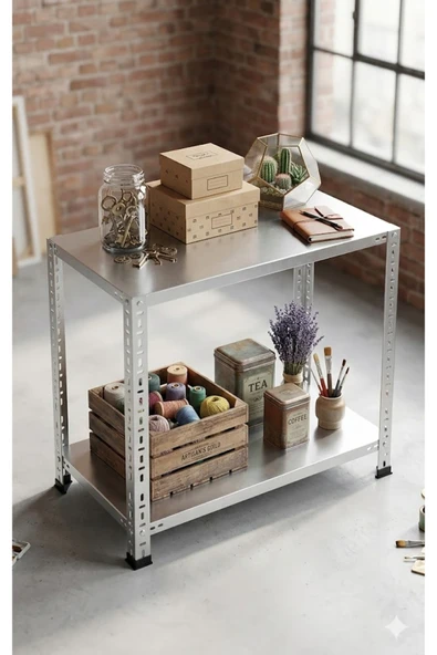 2 Katlı Dekoratif Galvaniz Çelik Raf - Depo, Arşiv, Kiler, Dosya, Market Rafı 43x60x100cm ürün görseli 1