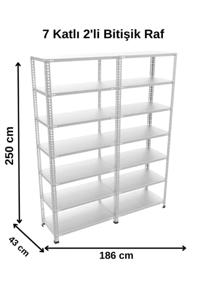 7 Katlı Duble 2'li Galvaniz Çelik Raf - Depo, Arşiv, Kiler, Dosya, Market Rafı 43x93x250cm ürün görseli 1