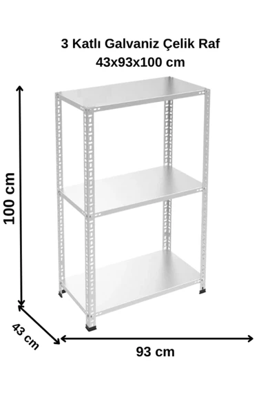 3 Katlı Galvaniz Çelik Raf - Depo, Arşiv, Kiler, Dosya, Market Rafı 43x93x100 cm ürün görseli 1
