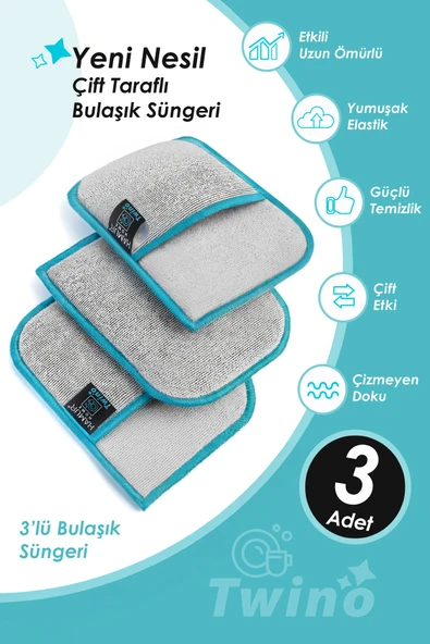 Twino 3'lü Bulaşık Süngeri Ultra Güçlü Sert Mutfak Ocak Teli Zor Kir Ovma Mikrofiber Temizlik Bezi ürün görseli 1