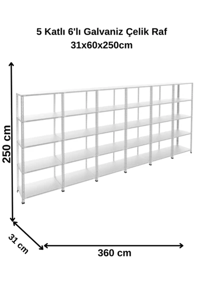 5 Katlı 6’lı Bitişik Galvaniz Çelik Raf. Depo, Dosya Raf 31x360x250 Cm ürün görseli 1
