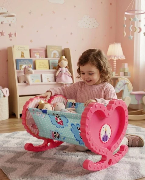 Sallanabilir Prenses Kalp Figürlü Oyuncak Bebek Beşiği Evcilik Oyun Seti ürün görseli 1