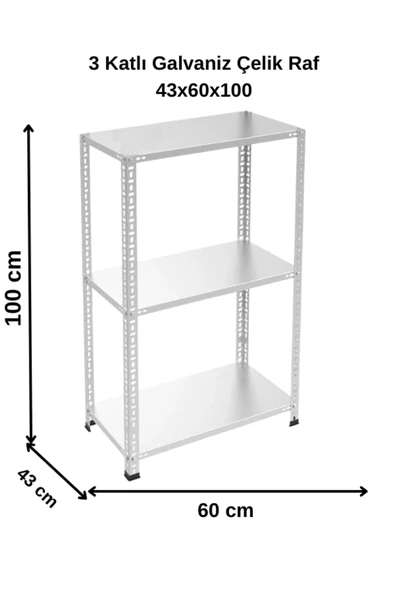 3 Katlı Galvaniz Çelik Raf - Depo, Arşiv, Kiler, Dosya, Market Rafı 43x60x100 cm ürün görseli 1