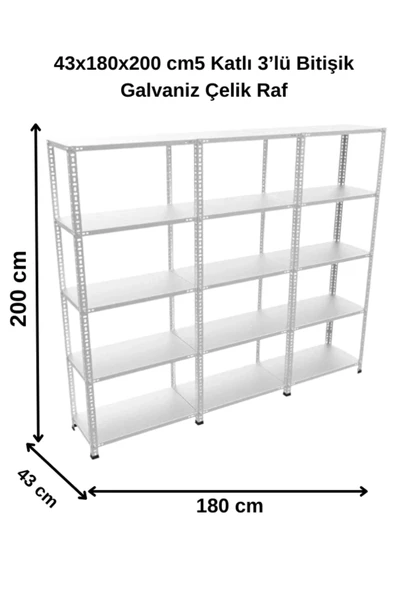 43x180x200 cm 5 Katlı 3’lü Bitişik Galvaniz Çelik Raf. Depo, Dosya Rafı ürün görseli 1