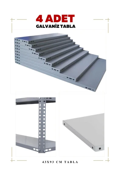 4 Adet Galvaniz Çelik Raf Tablası - Depo, Arşiv, Kiler, Dosya, Market Rafı 43x93 cm-0.70 mm ürün görseli 1