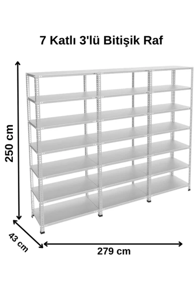 7 Katlı 3'lü Bitişik Galvaniz Çelik Raf - Depo, Arşiv, Kiler, Dosya, Market Rafı 43x93x250 cm ürün görseli 1