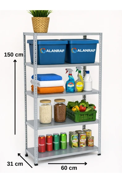5 Katlı Galvaniz Çelik Raf - Depo, Arşiv, Kiler, Dosya, Market Rafı 31x60 Cm-150 Cm-0.70 Mm ürün görseli 1