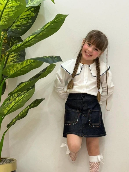 Cg Kids Kot Etekli Çiçek Nakışlı Gömlek Kız Çocuk Alt Üst Takım Süper Kalite ürün görseli 1
